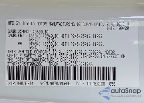 2021 Toyota Tacoma Sr z USA, uszkodzony, nr VIN 3TYRX5GN5MT006286